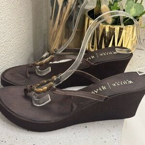 White House Black Market Brown Wedge Sandals with cats eye design